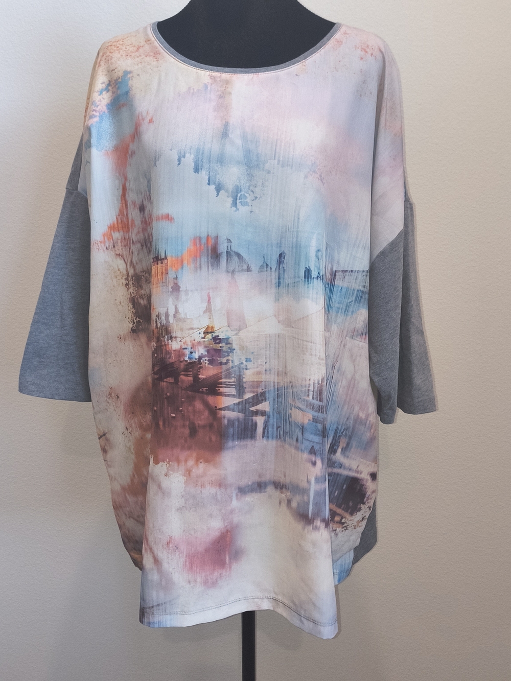 CJ Banks Watercolor Front Tee in Pink, Blue & Gray 2X